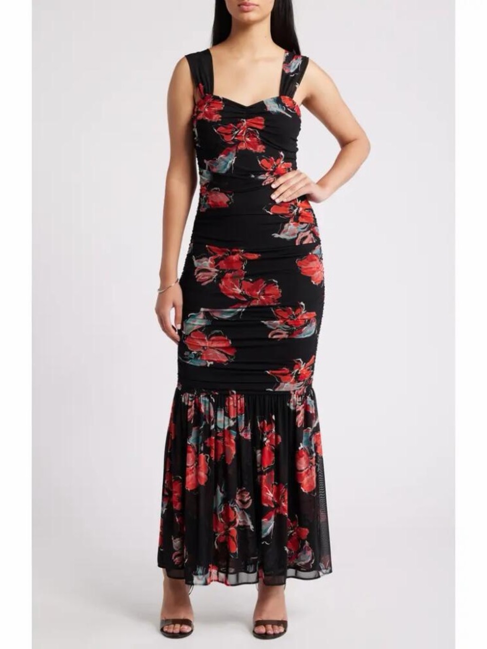 Chelsea28 Ruched Maxi Dress with Red Floral Pattern